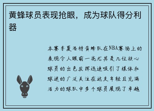 黄蜂球员表现抢眼，成为球队得分利器